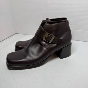 Y2K Preppy Bass Leather Square Toe Ankle Boots Buckle Block Heel Brown 9.5M EUX